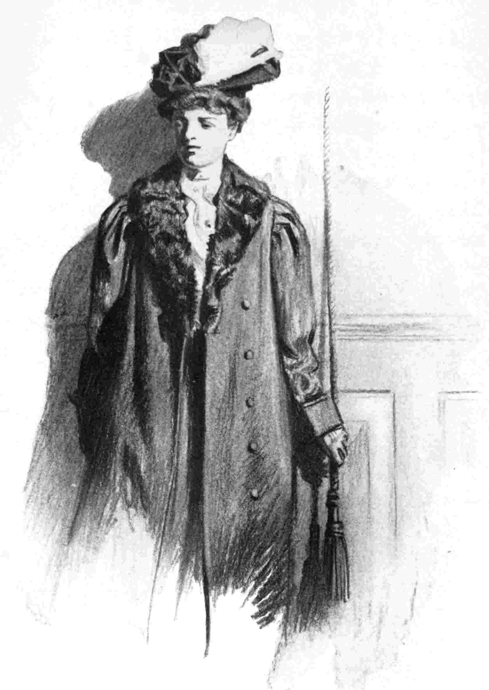 Standing woman grasping tasselled cord