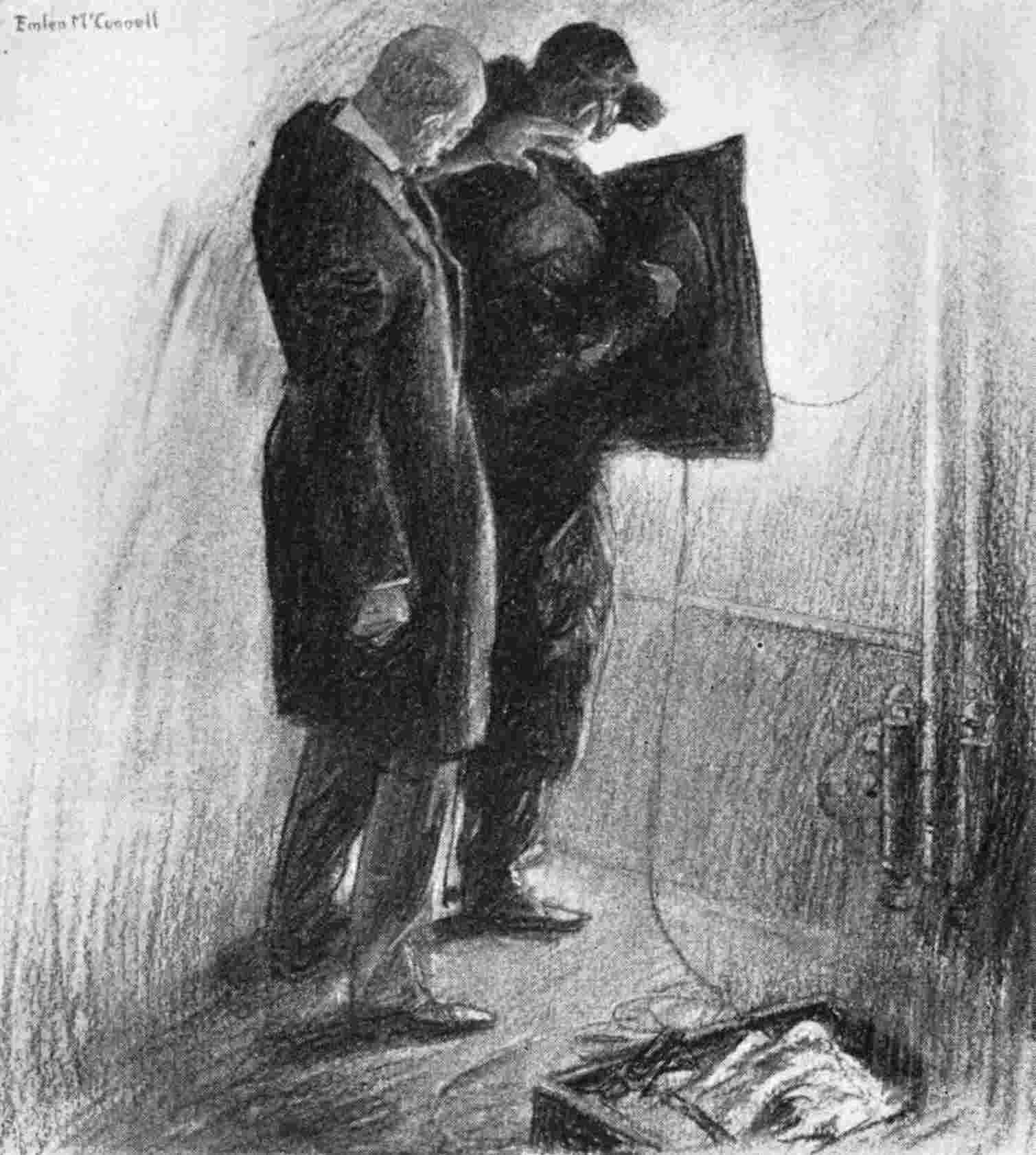 Two men brace aginst wall of fire