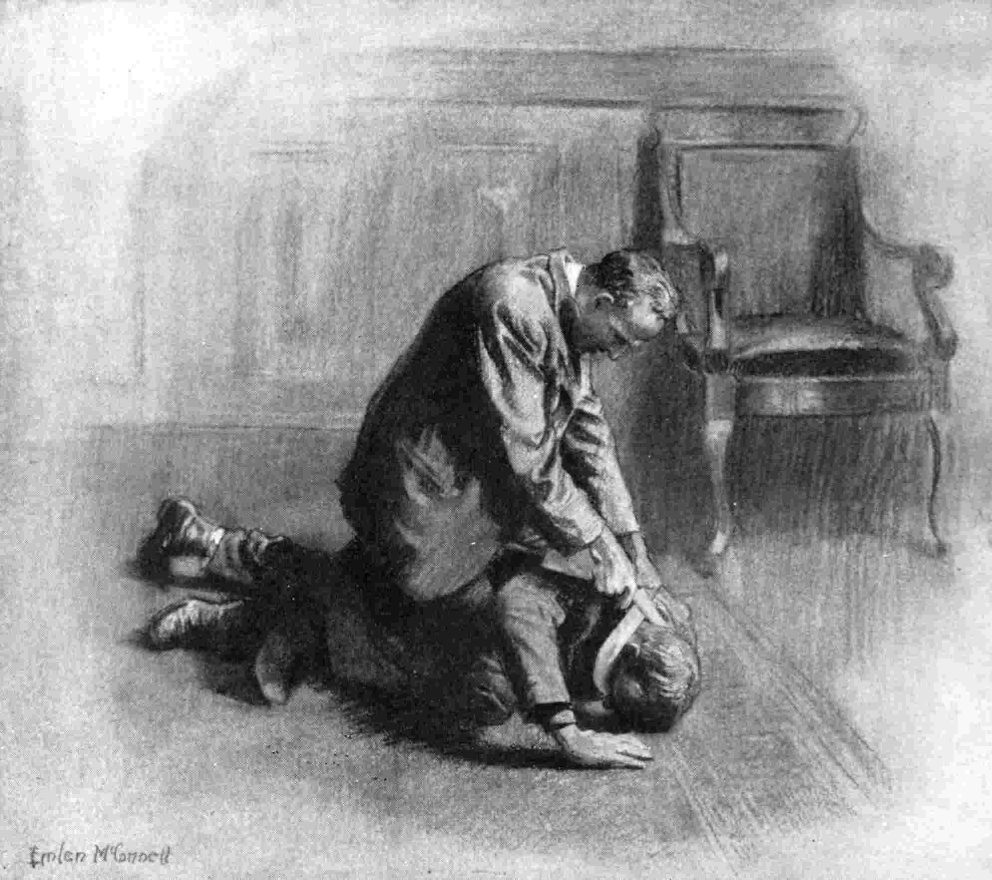 Two men wrestle on ground