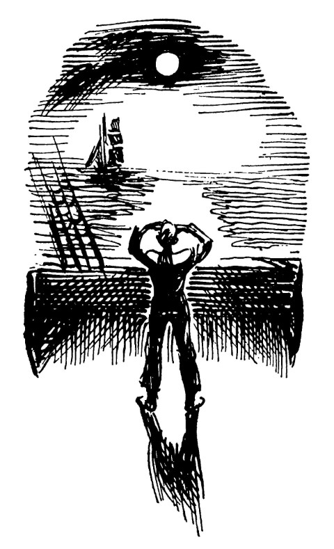 Young boy espies ship at sea