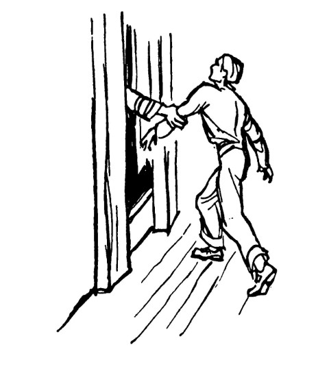 Young boy being forcefully pulled through door