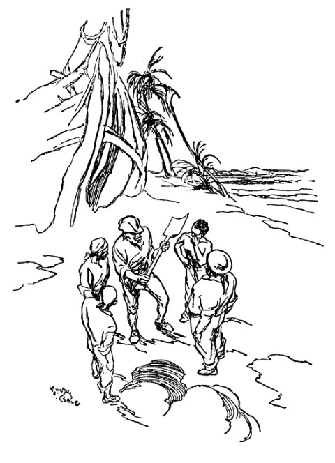 Men investigate hole in sand