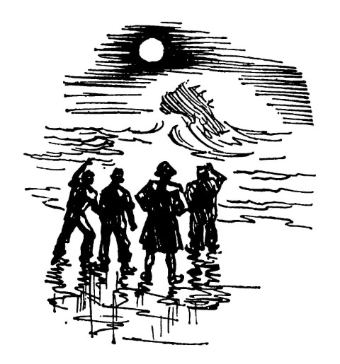 Four sailors peer out into dark sea