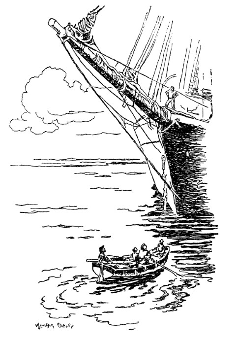 Sailors go and meet sailing ship