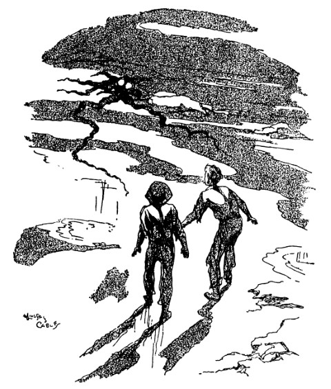 Two boys look at giant octopus stranded on beach