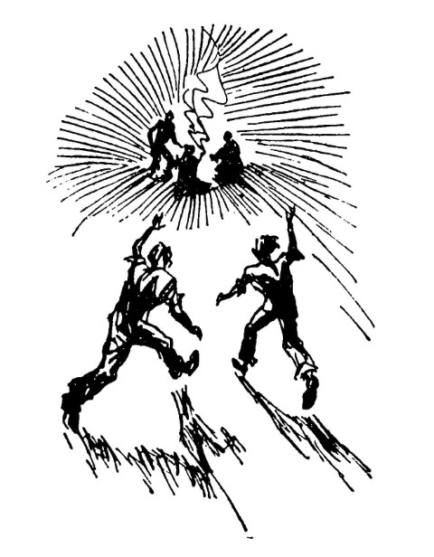 Two boys run towards campfire