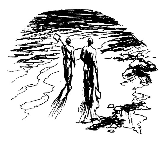 Two men with shovels on beach