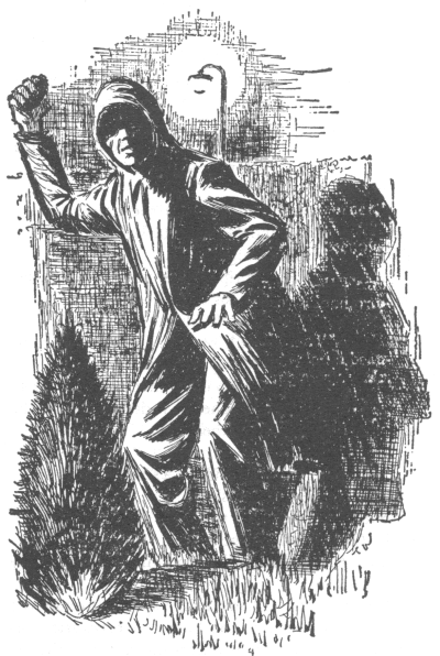 hooded man with raised fist standing between bushes with streetlight shining behind him