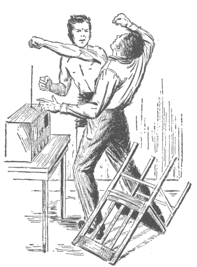 Joe punching man in front of short-wave radio with overturned chair