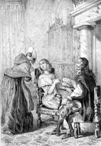 Marquise et gentleman assis face à face avec une autre dame chuchotant derrière l’oreille de la marquise.