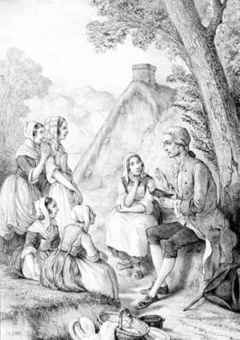 Un gentleman assis sur une souche d’arbre lit un livre à cinq femmes.