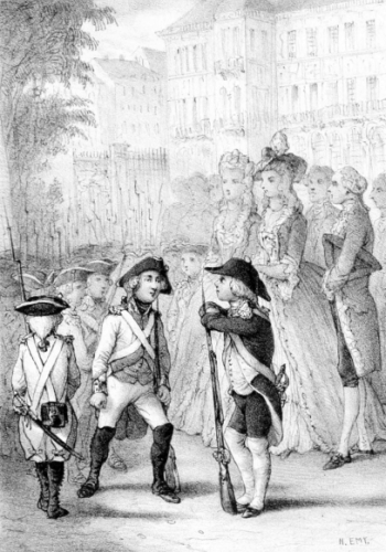 Des soldats de la taille d’un nain se parlent devant des dames et des messieurs