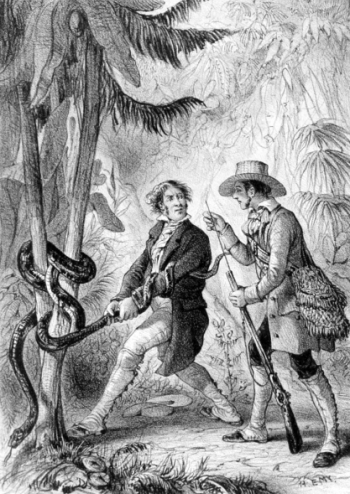 Un gentleman tenant la queue d’un serpent partiellement enroulée autour de son bras pendant qu’un autre homme charge son mousquet