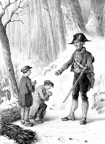 Soldat portant un mousquet et tendant le poing vers deux garçons qui joignent les mains en signe d’obéissance