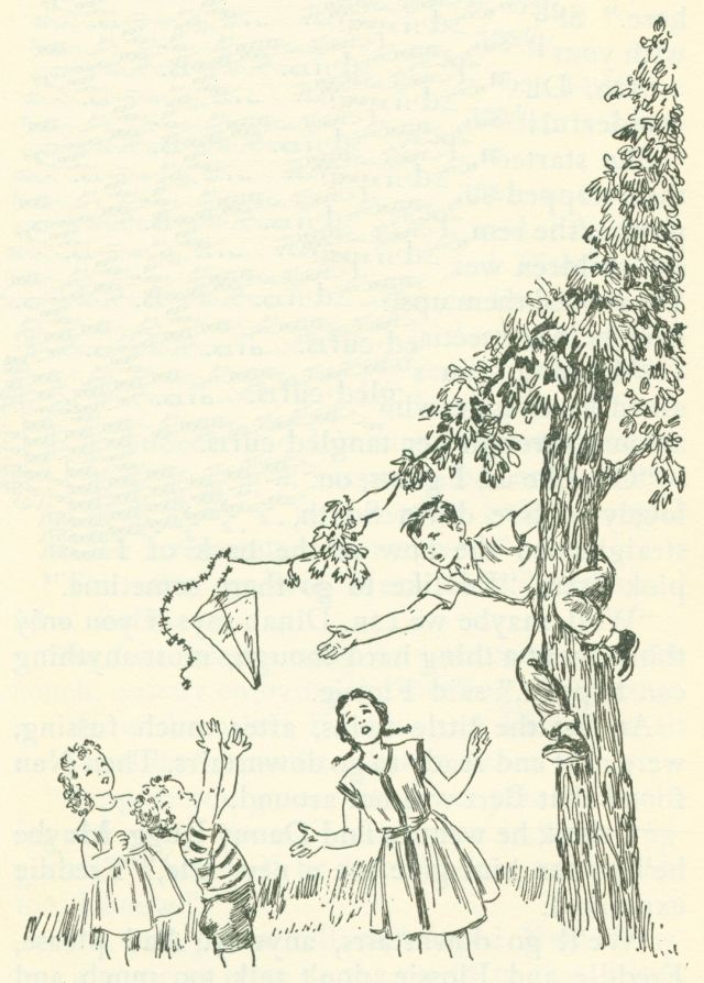 The drawing shows a boy holding onto the trunk of a tree as he tries to reach a kit which is caught in the branches. Another, smaller boy is reaching up towards the kite and two girls are watching.