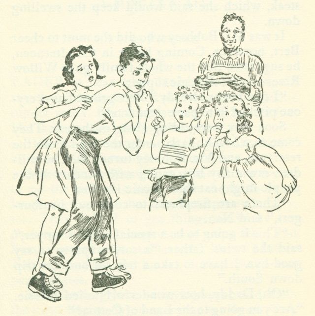 The drawing shows a group of children with an adult standing in the background holding a plate with something on it. Two of the children are looking and pointing at an older boy while a girl looks like she is comforting him.