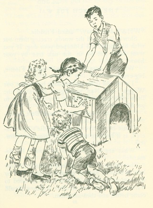 The drawing shows a dog house with four children around it. One boy is standing behind the dog house while a girl is pointing to something on the side of the dog house. Another boy is kneeling in the grass and also looking at the side of the dog house.