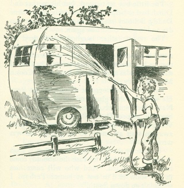 The drawing shows a boy spraying water from a hose onto the outside of a travel trailer.