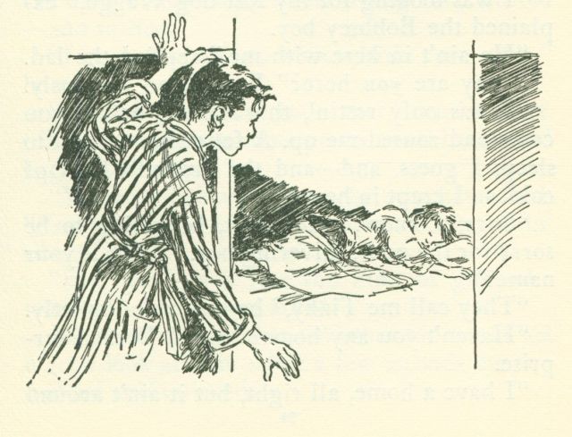 The drawing shows a boy wearing a striped robe looking at another boy who is sleeping.
