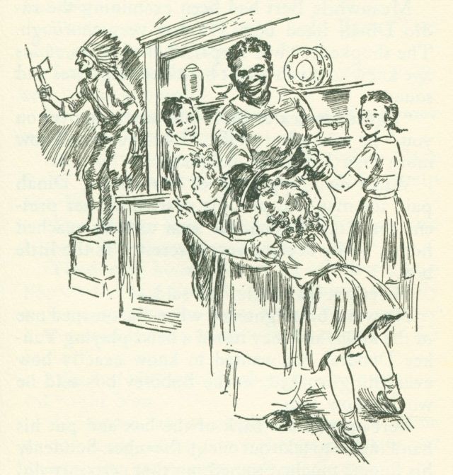 The drawing shows a small girl standing behind an woman and pointing at a wooden Indian. Three other children are looking at the girl.