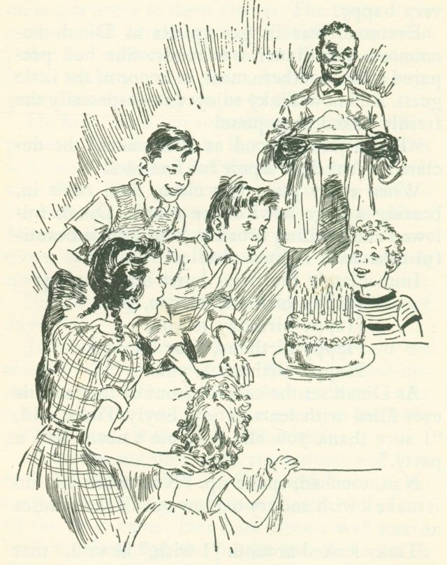 The drawing shows a group of children standing around a table. A cake with lots of candles is on the table and a boy is leaning over the cake. A man holding a plate with something on it is standing in the background watching.
