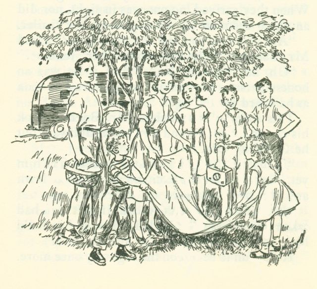 The drawing shows two adults and several children standing under a tree. The man is holding a picnic basket while the woman is spreading a cloth on the ground. Two of the children are helping to spread the cloth.