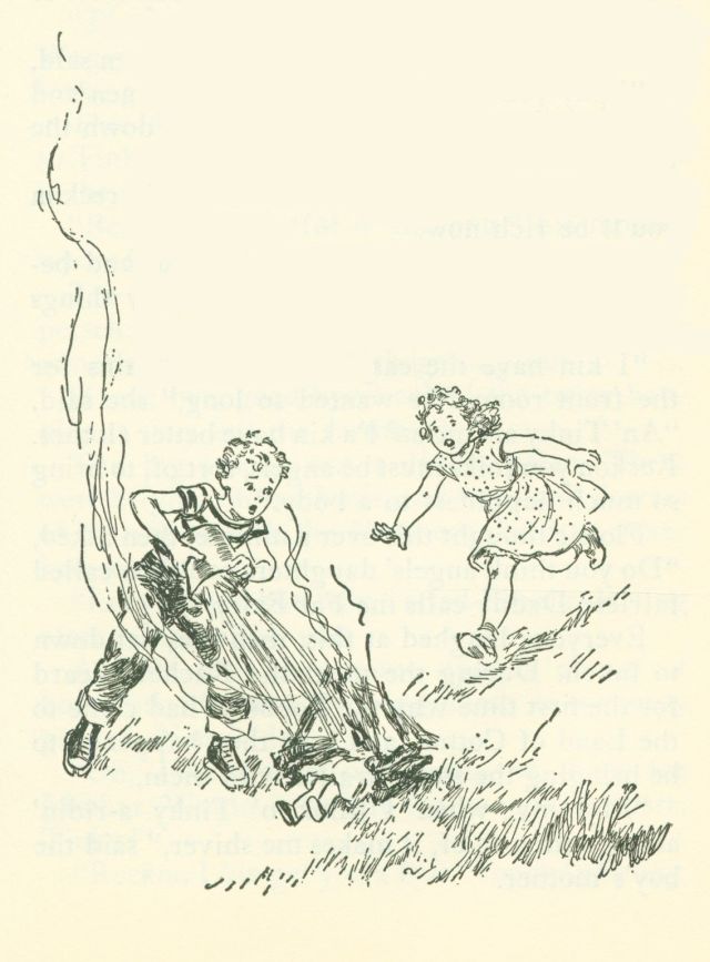 The drawing shows a boy pouring water from a bucket on top of a fire. A girl is running towards the boy and looks very distressed.
