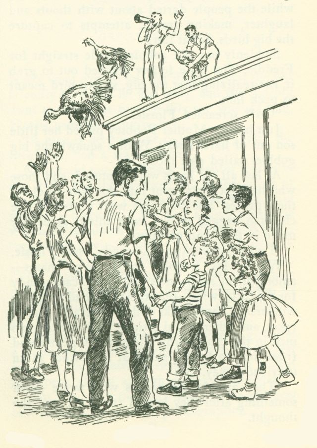 The drawing shows a crowd of people looking up a turkeys flying above. There is a man standing on a roof and speaking through a megaphone while another man holds a turkey in his arms.