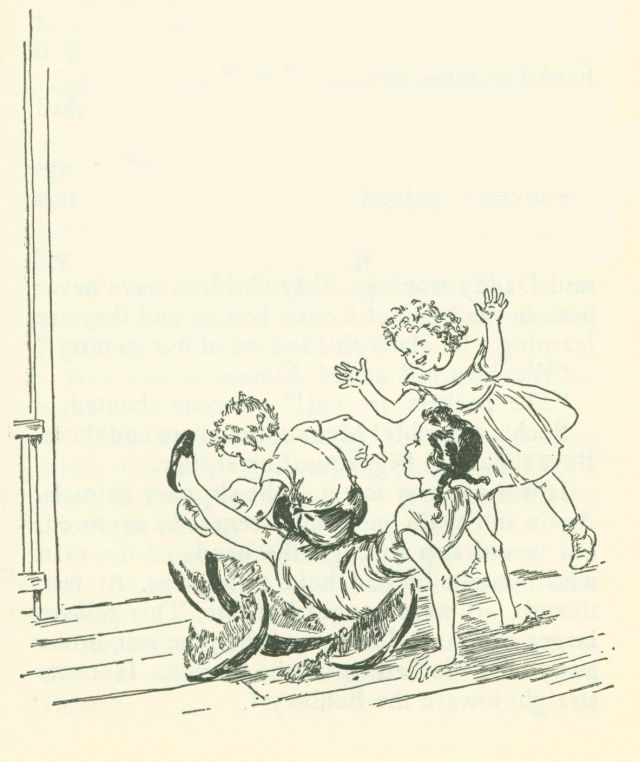 The drawing shows a girl and boy sitting in a broken watermelon while another girl stands next to them laughing with her hands in the air.