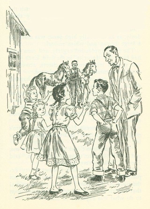 The drawing shows a group of children speaking with an older man, who is wearing a suit. In the background, another man is leading two horses towards the group.