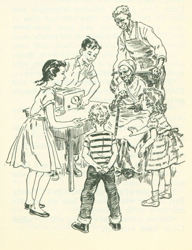 The drawing shows four children and two adults gathered around a table. On the table is a radio and one of the boys is tuning the radio.