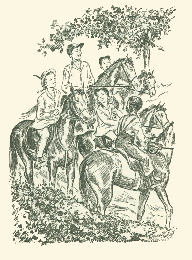 The drawing is an outdoor setting and shows five children riding on horses.