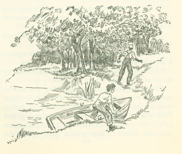 The drawing is of an outdoor setting along a river. A boy is getting out of a boat on the river bank. A man is walking towards trees in the background.