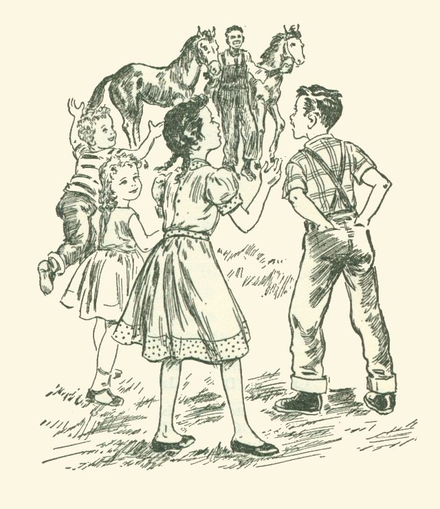 The drawing shows four happy children watching a man leading two horses.