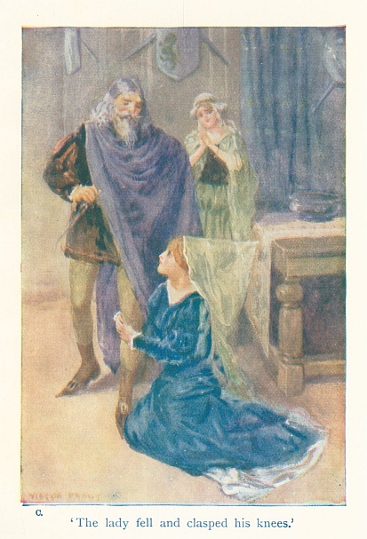 'The lady fell and clasped his knees.'