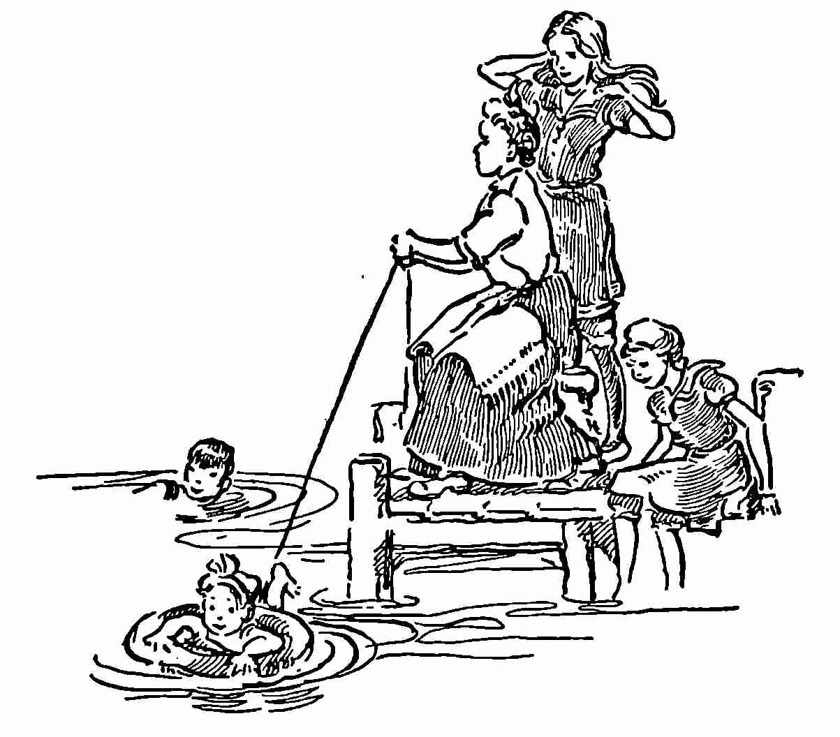 Family swimming beside dock