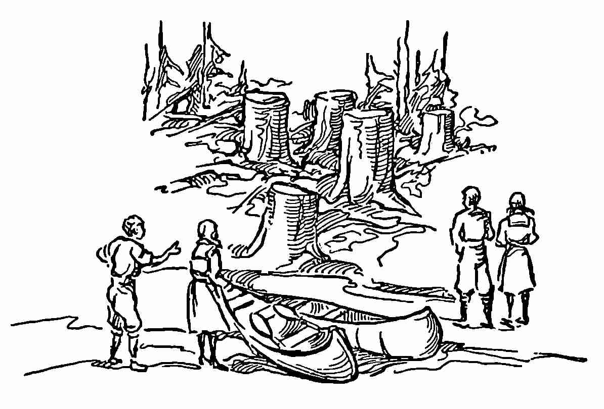 People with canoes on a shore