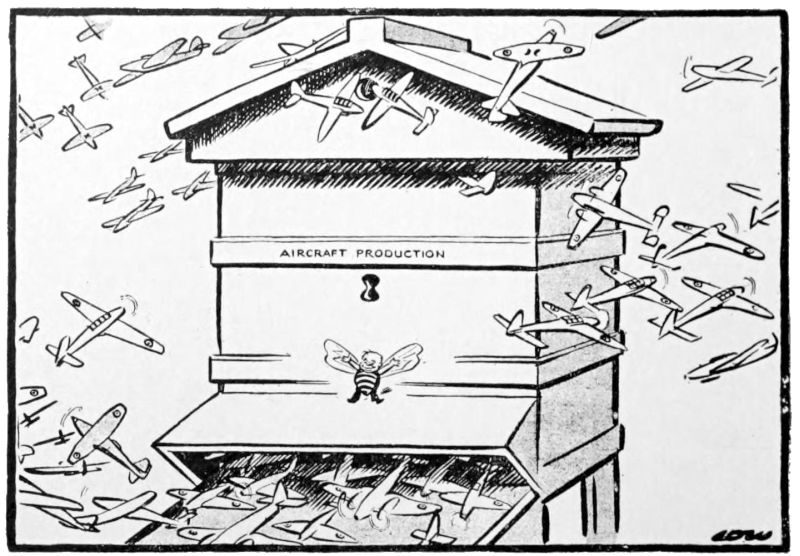 A drawing of a bee hive with the words Aircraft Production printed on the front. There is a man depicted as a bee standing above the opening to the hive. There are many airplanes flying into and out of the hive as well as flying around the hive.