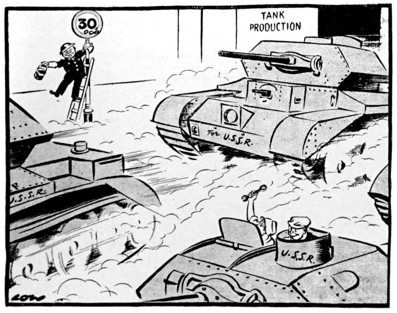 The line drawing shows three tanks driving out of a building. The tanks have For U.S.S.R. printed on them. There is a man wearing a hard hat standing on a ladder in the background. The building has Tank Production printed on it.