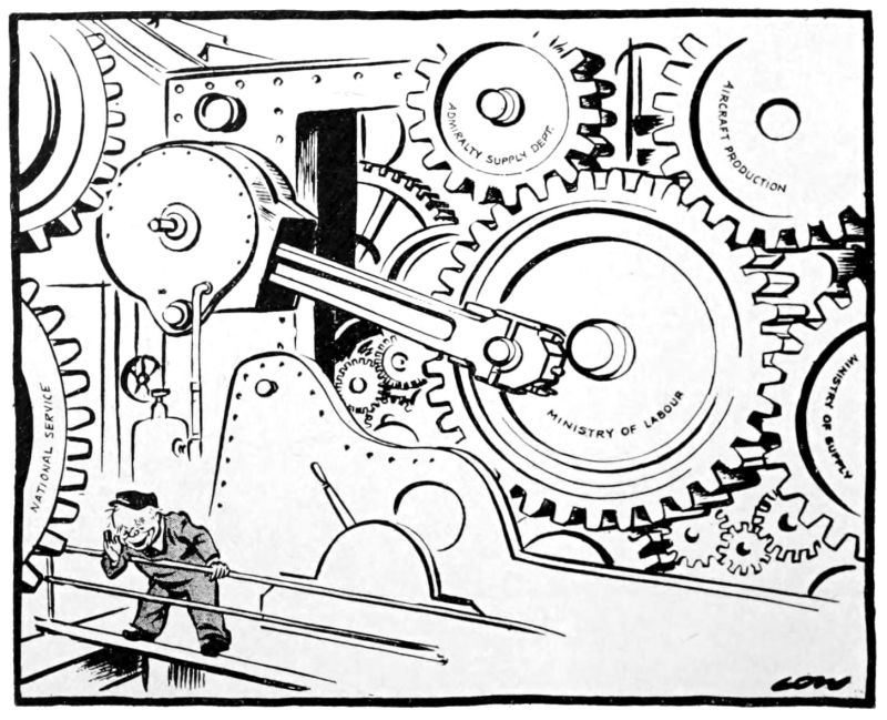 The line drawing shows a machine with many gears. One of the gears has Ministry of Labour printed on it. Two other gears have Admiralty Supply Dept. printed on them. Another gear has Aircraft Production printed on it. There is a man standing at a railing and looking downwards.