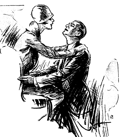 woman seated in chair wearing hat with arms on shoulder of man knealing before her