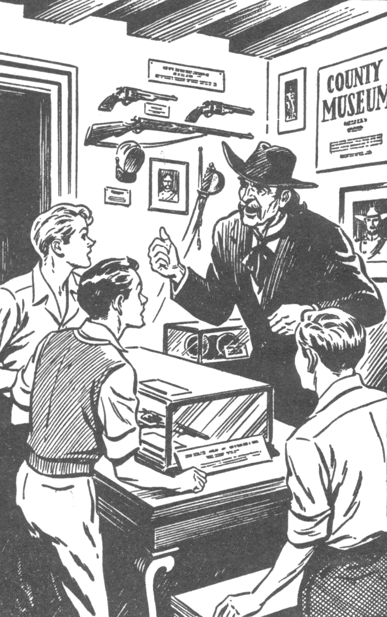 man with cowboy hat, string tie and moustache behind glass case with pistols yelling at 3 boys; old guns and County Museum sign on the wall