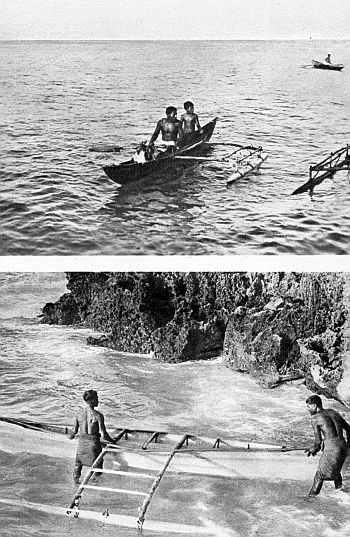two pictures of two young men in dugout canoe with pontoons in the water
