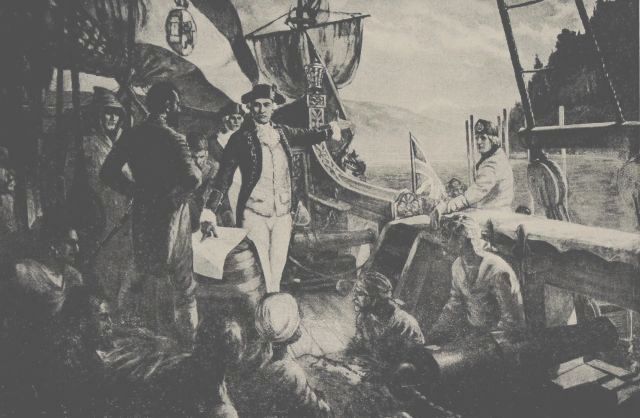 A painting of a scene on the deck of a ship. There is a man standing in the middle of the painting. His right hand is on what may be a map and with his left arm, he is pointing towards the land in the background. There are numerous other men in the painting either standing or seated. Some of the men, including the one in the center of the painting, are wearing uniforms.