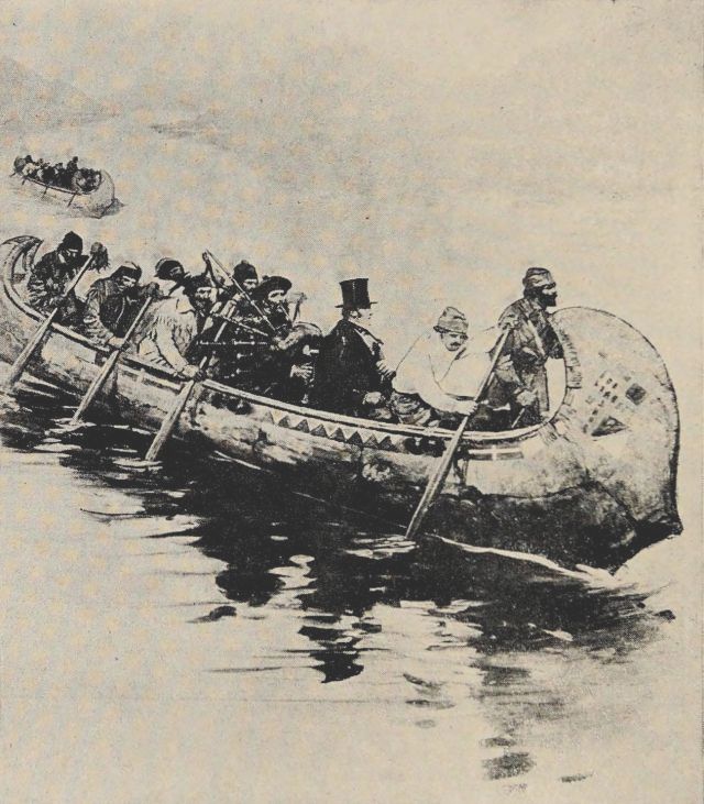 The painting shows several men in a Native American canoe on a river. Four of the men have oars in the water. There is a man playing a bagpipe in the center of the canoe. Next to him is a man in a top hat who is gazing into the distance. A man standing at the front of the canoe is looing ahead. There is another canoe visible in the background which also has several men in it.