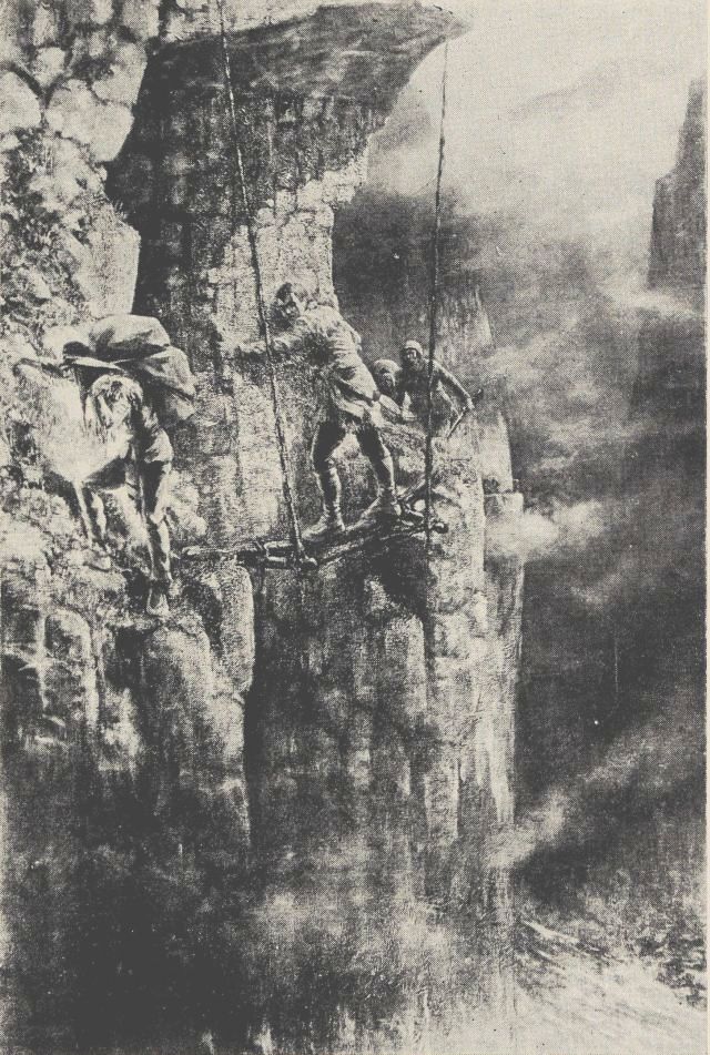 The painting show four men on a cliff-face. The man in front is carrying a pack on his back. The second man is hugging the cliff-face as he walk along a catwalk which is suspend across a gap in the cliff. The two other men in approaching the catwalk.