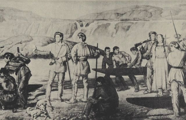 Painting of a group of people in western wear standing on the banks of a river.