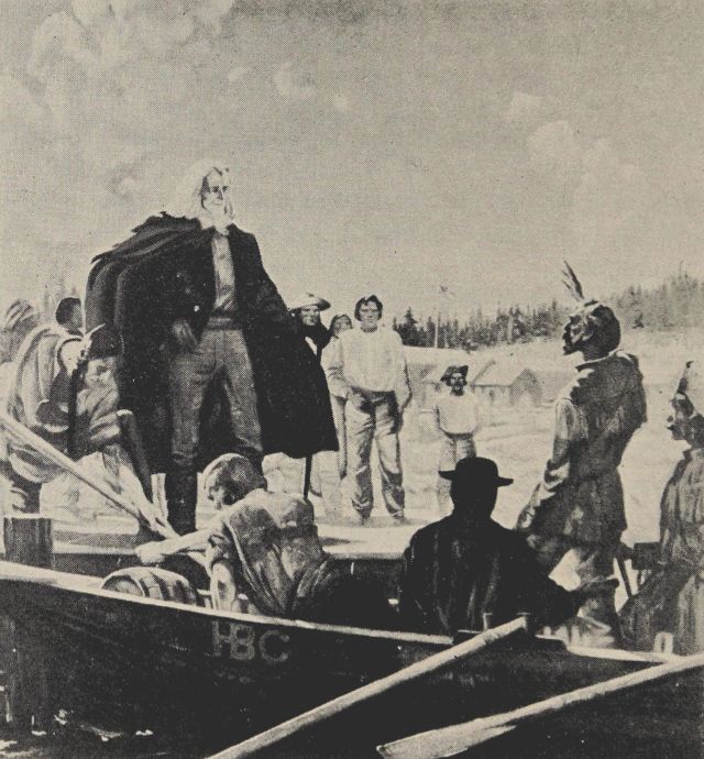 Painting of an outdoor scene. A man wearing a cloak is standing next to a small boat in which several man are standing or seated. There are a number of people standing in the background. Further in the background can be seen a couple of buildings.