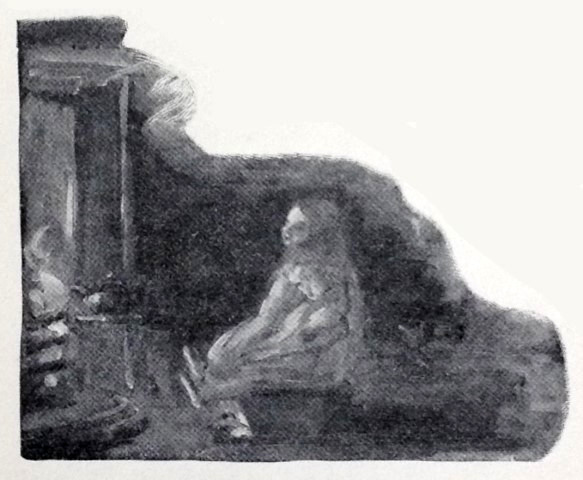 Woman sitting before a fireplace