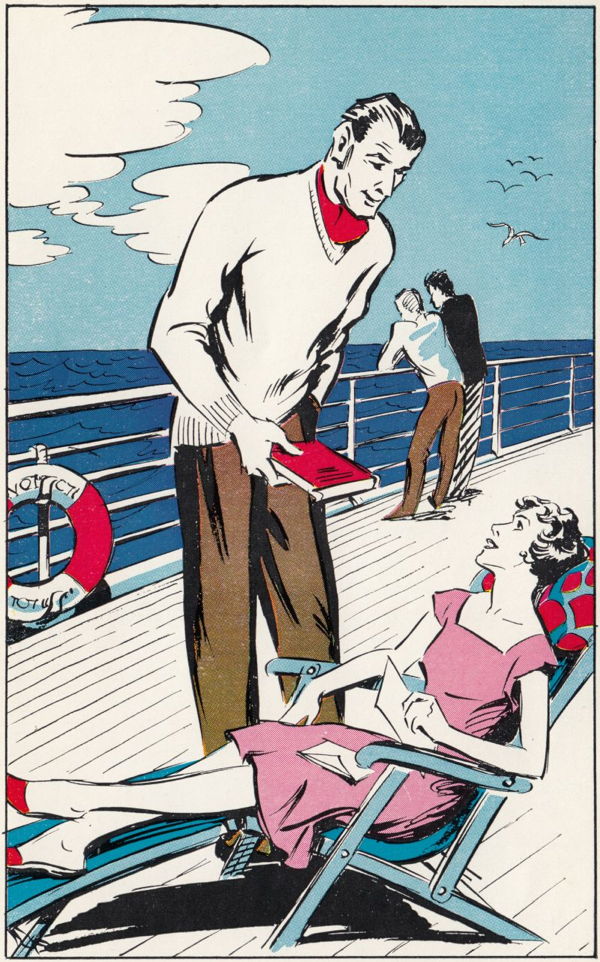 Man offers a book to a woman in a deck chair